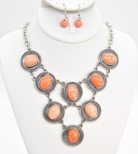 18.5" Orange Faux Turquoise Cabochon Silver-T Bib Choker Necklace/Drop Earrings