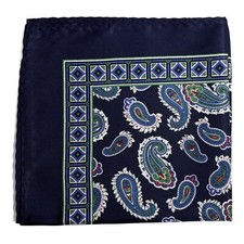 Navy Blue Paisley Silk-Like Pocket Square Handmade 
