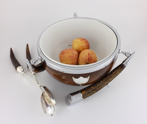 Antique English Oak, Deer Horn & Silver Plate Salad Trophy Bowl. Fruit Nut c1900 - Picture 11 of 14