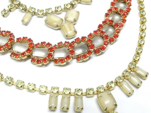 3 Piece Vintage Rhinestone Necklace Lot Orange Clear Stones - Picture 2 of 6