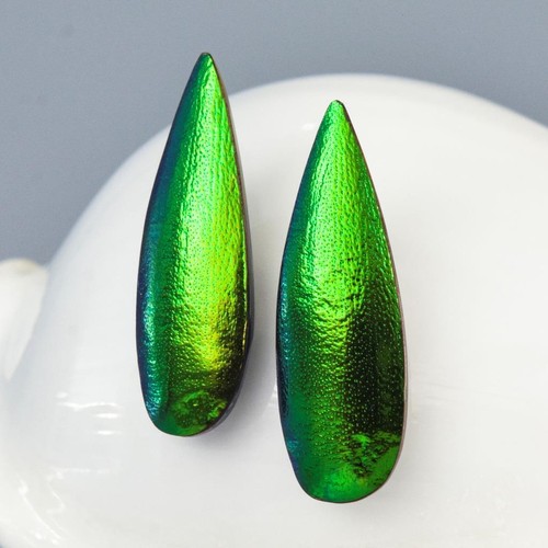 Drop Earring Pair Handmade Green Jewel Beetle Wings & Mother-of-Pearl 1.48g - Picture 5 of 14