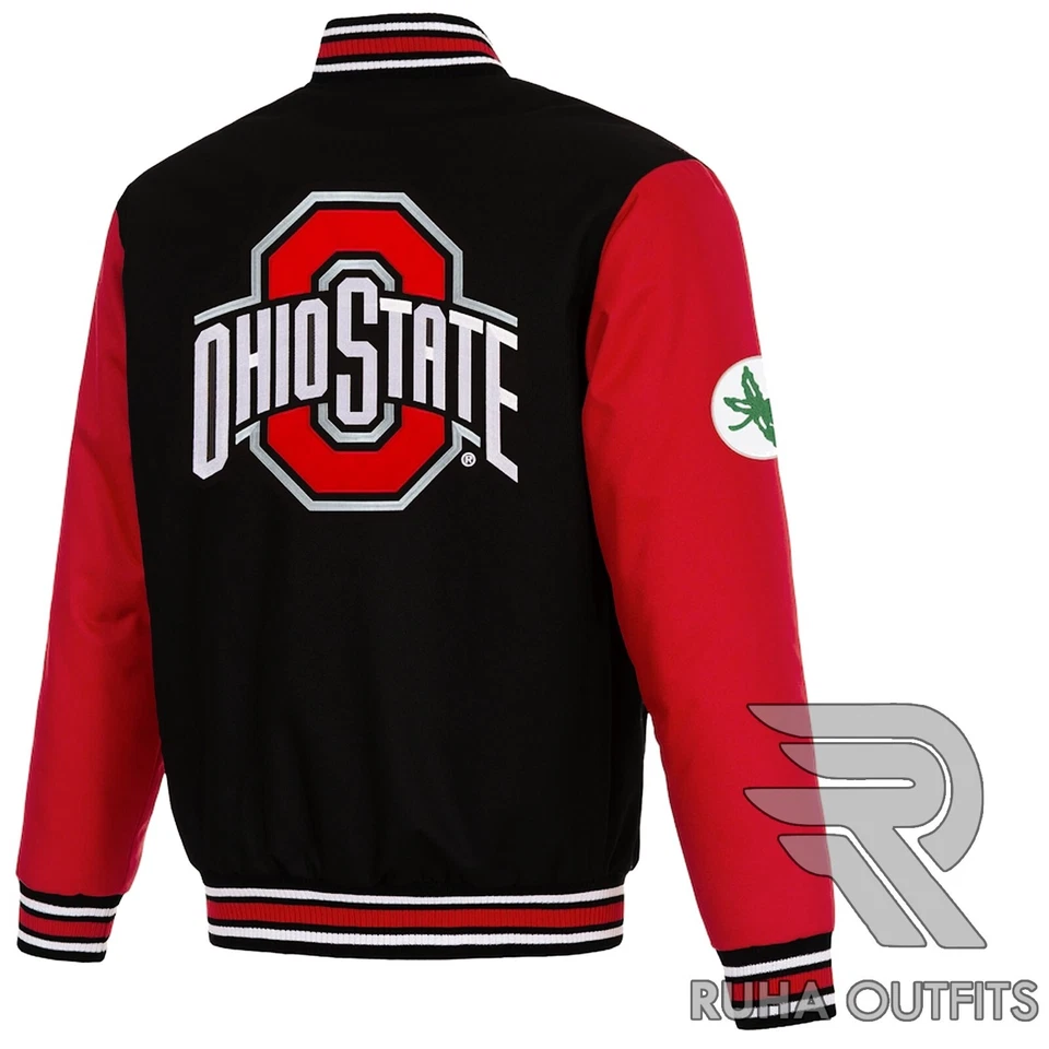 Chaqueta Universitaria NCAA Ohio State Buckeyes Negra/Roja Satinada Clásica Bomber Lettermen Foto 3 de 4