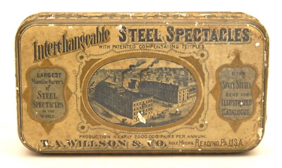 Ca. 1890 T.A. WILLSON INTERCHANGEABLE STEEL SPECTACLES ADVERTISING TIN GLASSES