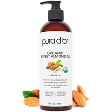 PURA D'OR Dor Sweet Almond Oil 100% Pure USDA Organic 16 oz, for Face & Skin