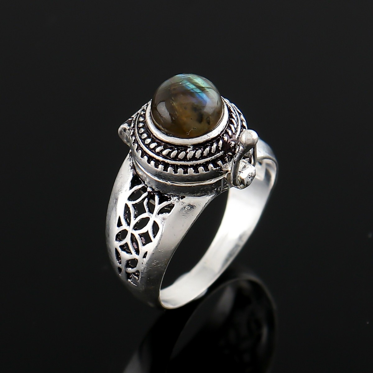 Natural Labradorite Handmade Poison Ring, 925 Sterling Silver 