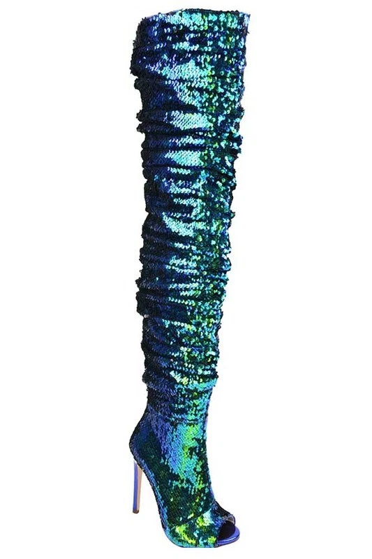 Emilia Mermaid Sea Green Sequin Over The Knee Peep Toe Boot Size