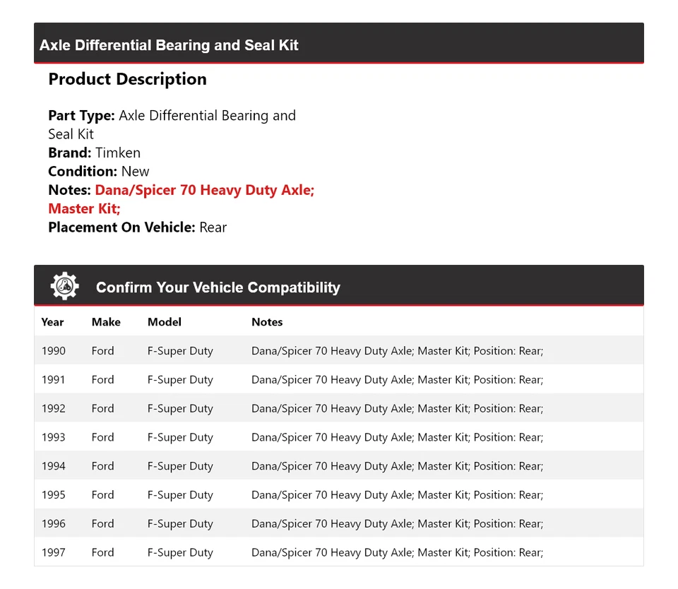 For 1990-97 Ford F-Super Duty Axle Differential Bearing and Seal Kit Rear Timken - Image 2 of 3