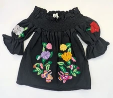 Nice Vava By Joy Han Black Floral Embroidered Ruffle Blouse Women's Size Small