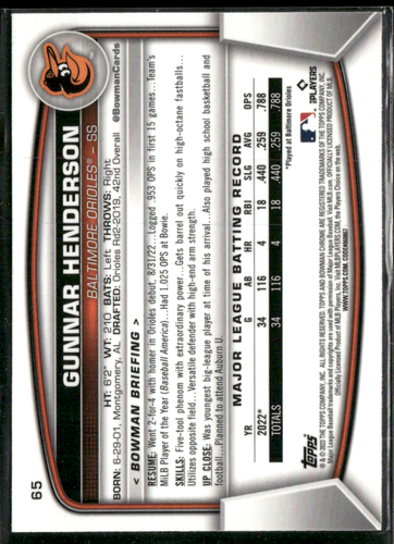 2023 Bowman - Gunnar Henderson #65 Chrome Mojo Refractor (RC) - Bild 2 von 2
