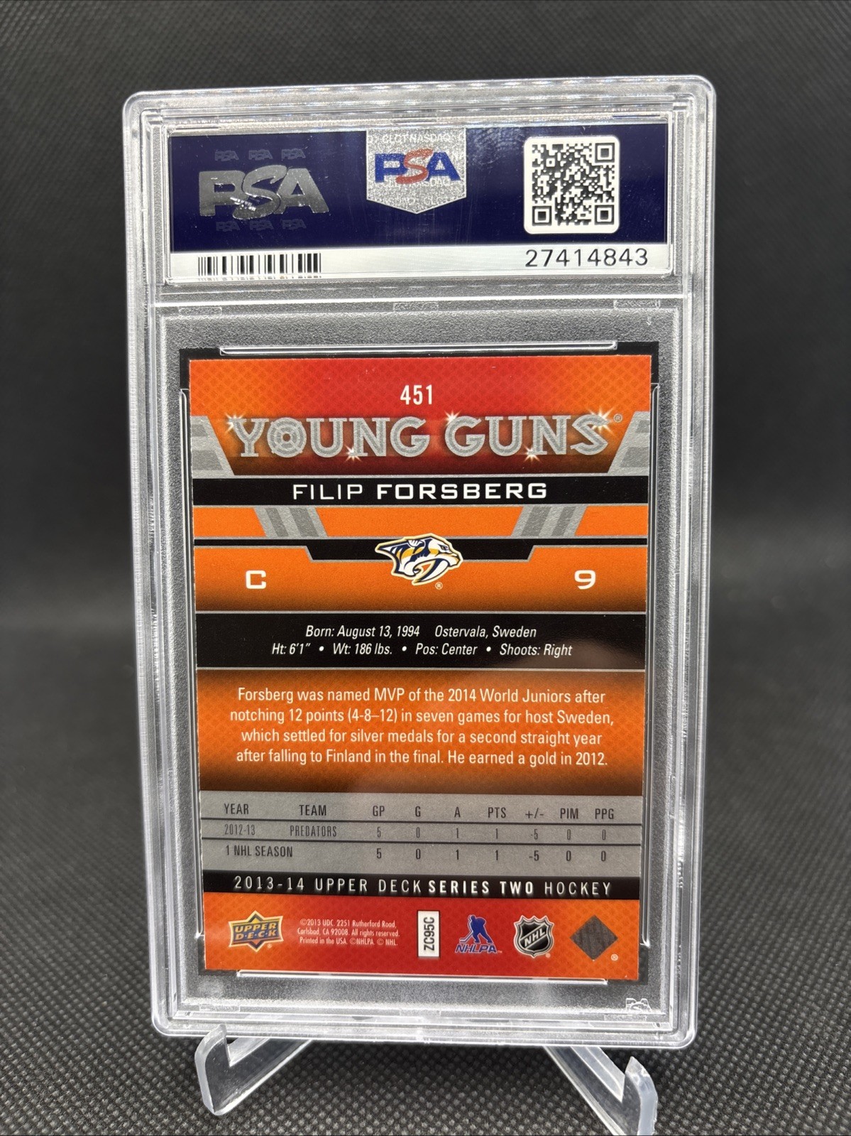 2013 UPPER DECK #451 FILIP FORSBERG YOUNG GUNS RC ROOKIE PSA 10 view 2