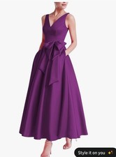 Miss Veil Plum Satin Tea Length Dress Sleeveless A Line Bow Accent Waist Size 10