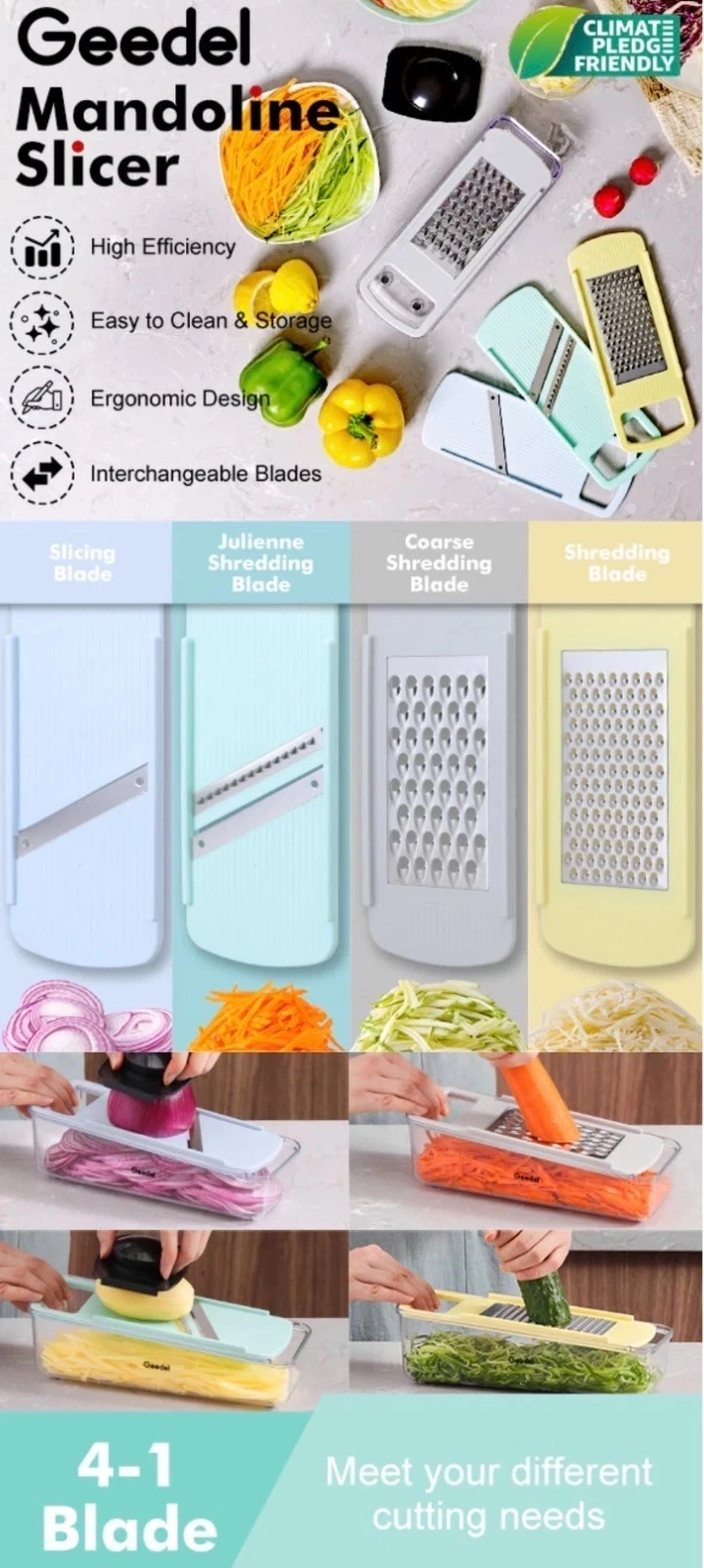 GEEDEL Mandoline Slicer 4-1 Interchangeable Blades Shredder & Julienne Open Box