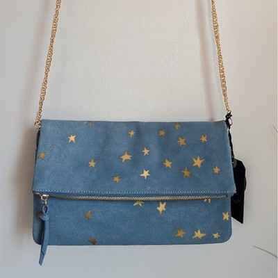 Moda Luxe New North Clutch Blue Vegan Suede Metallic Gold Star Crossbody