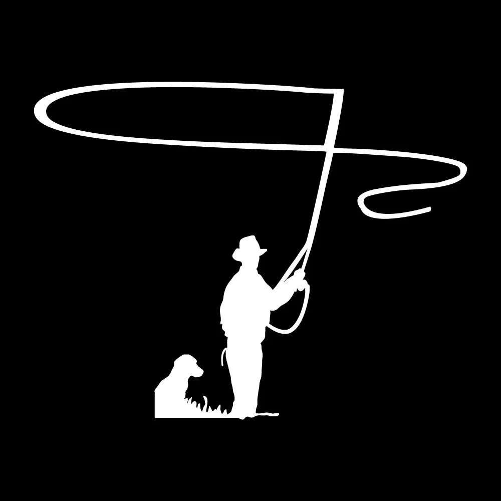 Fly Fisherman Fishing Dog Decal Sticker White Die Cut Vinyl