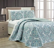 Fancy Linen 3-Pc King/California King Bedspread Set, Blue Medallion, Reversible,