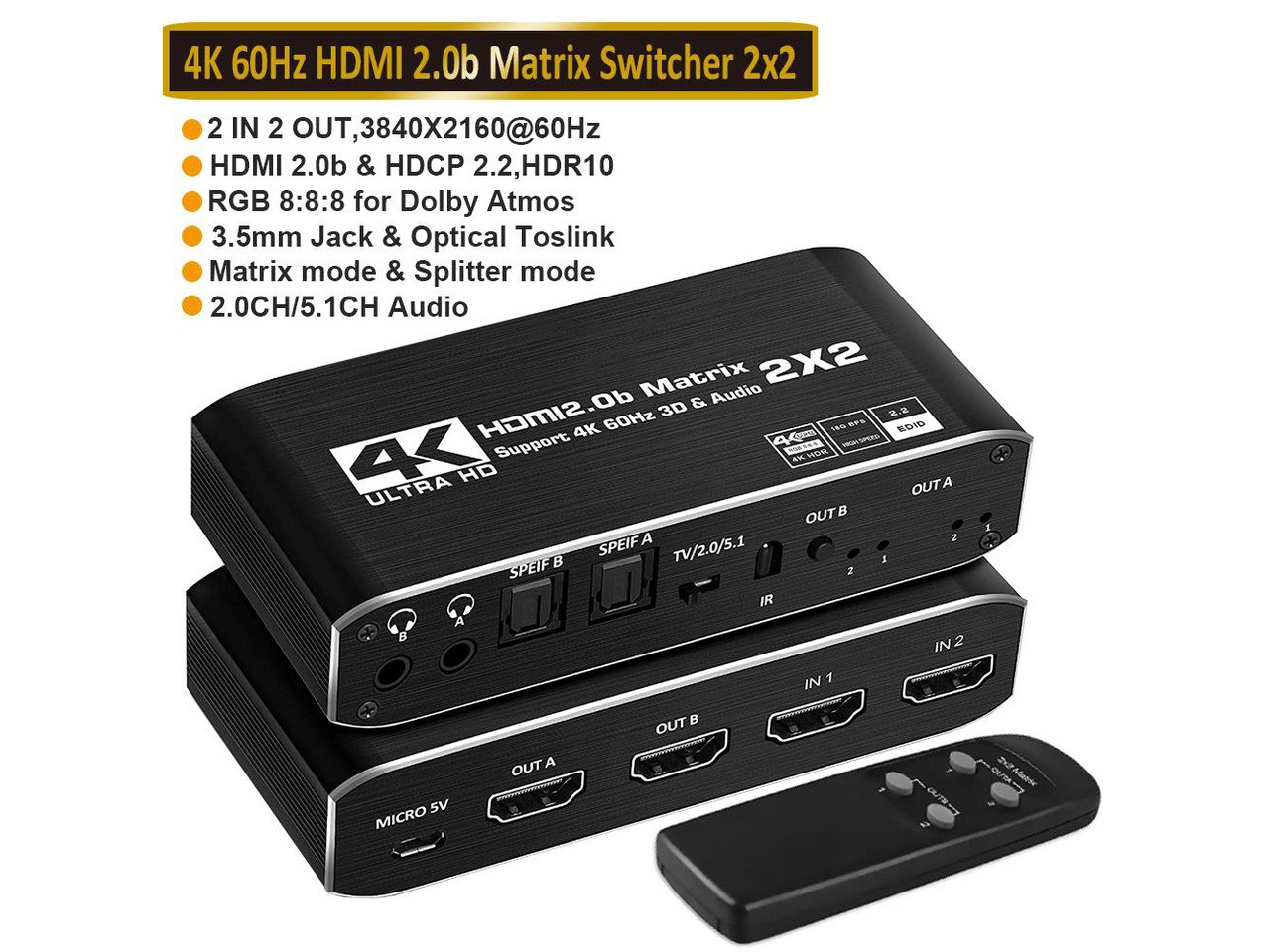 HDMI Matrix 2x2,AUBEAMTO 4K@60Hz HDMI Matrix Switch 2 in 2 Out with IR Remote