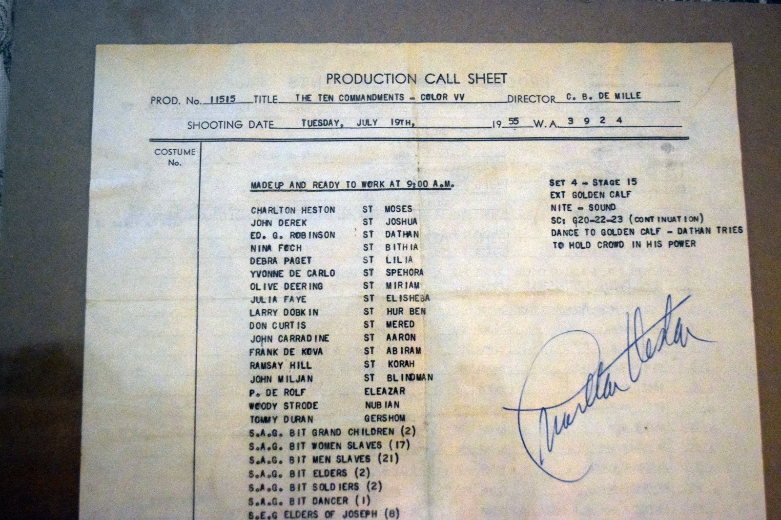 Charlton Heston signed Ten Commandments Production CALL SHEET Calf Scene READ