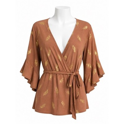 Size 2X Torrid Women's Gold Feather Wrap Tie Waist Bell Sleeve Top