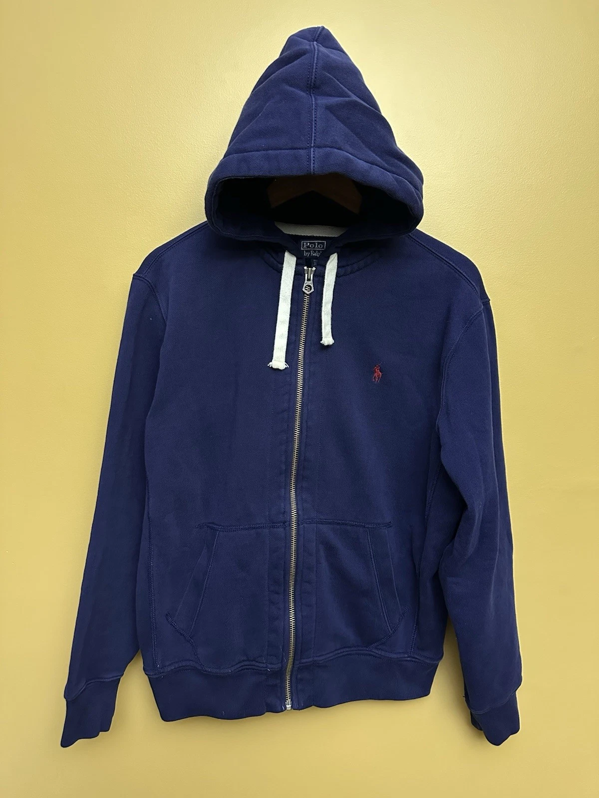 Polo Ralph Lauren Hoodie Mens L Blue Full Zip Waffle Thermal Lined Double Knit