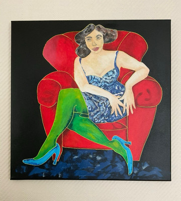 Acrylgemälde auf Leinwand Frau im roten Sessel, zeitgenössische Kunst