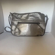 The Sak  Metallic Silver Leather Crossbody Shoulder Bag Boho Y2K Condition Issue