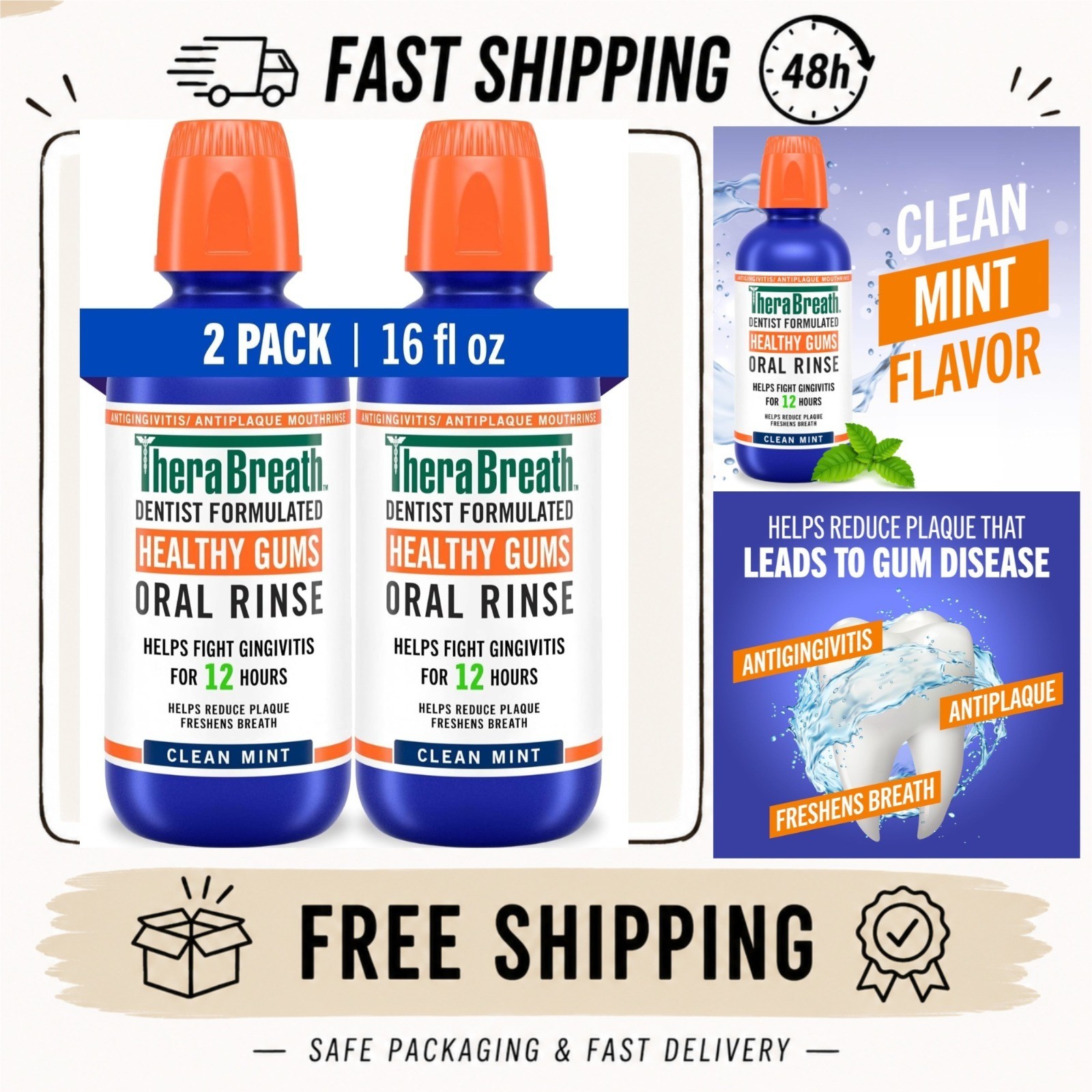 TheraBreath Healthy Gums Mouthwash Clean Mint Alcohol Free 16 fl oz 2 Pack
