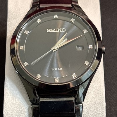 Pristine Seiko Solar Diamond On Black Stainless Bracelet-no Box N Pap