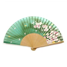 SILK HAND FAN 8" Green Spring Blossoms High Quality Elegant Folding Pocket Purse