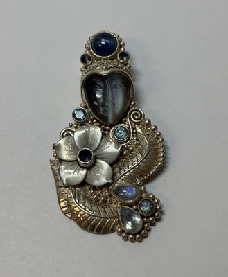 Sajen Sterling 925 Silver Carved Face Flower Pin Pendant -.72