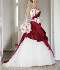 Dark Red And White Wedding Dress Ruched Appliques Spaghetti Straps Long Elegant
