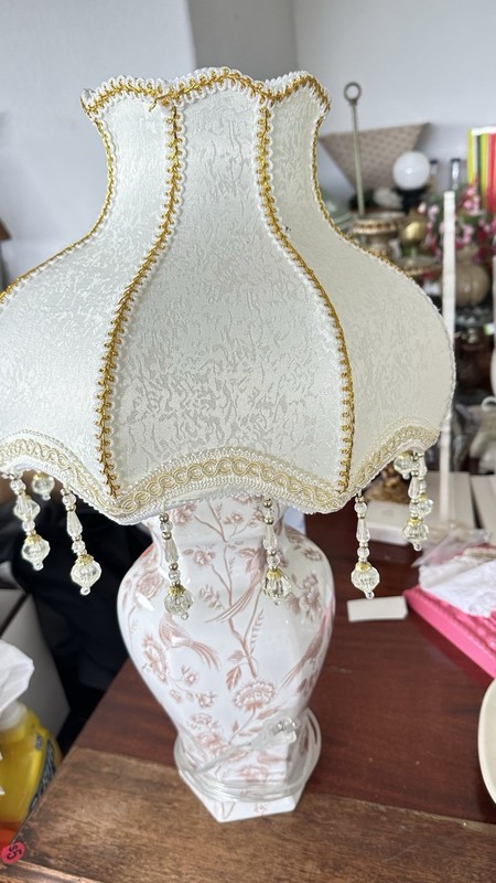 Floral Ceramic Table Lamp w/ Scalloped Fabric Shade & Hanging Crystal Beads