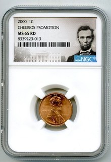 2000 US MINT CENT CHEERIOS PROMOTION NGC MS65 RD LINCOLN PENNY W/ OGP