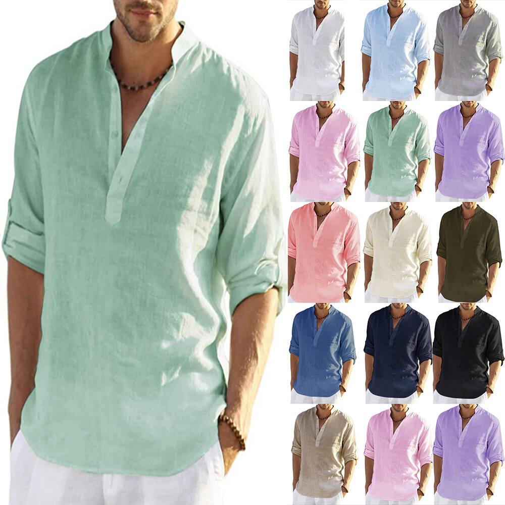 Mens Linen Beach Shirts Cotton Solid Casual Loose Summer Shirt Blouse