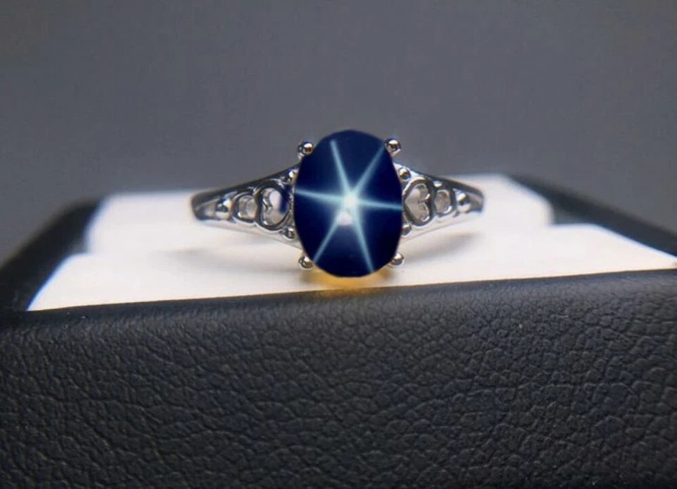 Anillo Estrella Lindy Estrella Zafiro 7x9mm Anillo Estrella 6 Rayos Anillo Estrella Azul  Foto 3 de 3