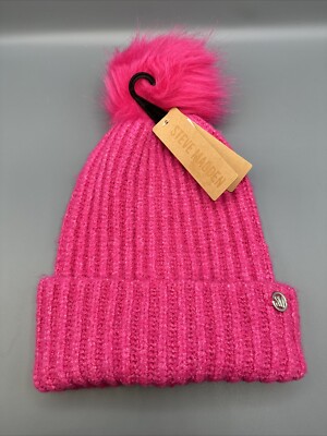 STEVE MADDEN Women's Ribbed Faux-Fur Pom Pom Beanie Pink