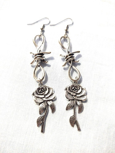 BARB WIRE TWIST WITH FULL ROSE FLOWER DOUBLE DANGLE EARRINGS 3 1/2" LONG