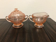 Antique Pink depression Glass Creamer & Sugar Bowl Lid/Set/Sharon Cabbage Rose