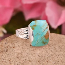 Natural Kingman Turquoise Gemstone Ring 925 Sterling Silver Signet Ring Jewelry