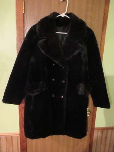 Vtg WOMENS S Sealane Hillmoor Black Plush Faux Fur Coat Faux Mink Collar & Trim - Picture 3 of 9