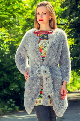 Gray fuzzy cardigan non mohair fluffy hand crafted long soft