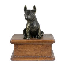 Bull Terrier, Bully - urn for dog ashes with a statuette, personalized wooden ur