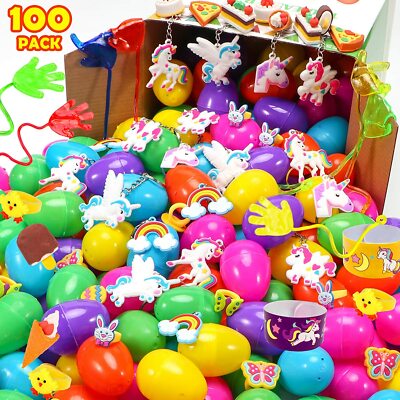 100 Pack Prefilled Easter Eggs with Toys 2 3/8'' Plastic Easter Eggs Filled Toys 