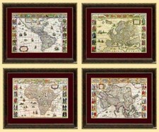 Set of Framed Antique 15th Century World Maps of the Continents