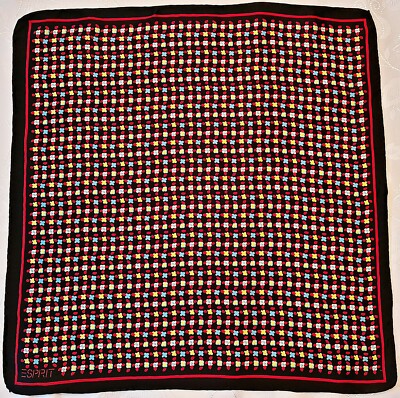 SCARF VINTAGE AUTHENTIC ESPRIT PLAID GEOMETRIC BLACK RED SILK 19'' SQUARE SMALL
