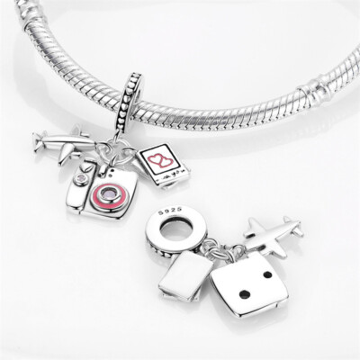 Travel Holiday Plane Set Phone Love  Heart Camera Charm Bead Sterling Silver 925