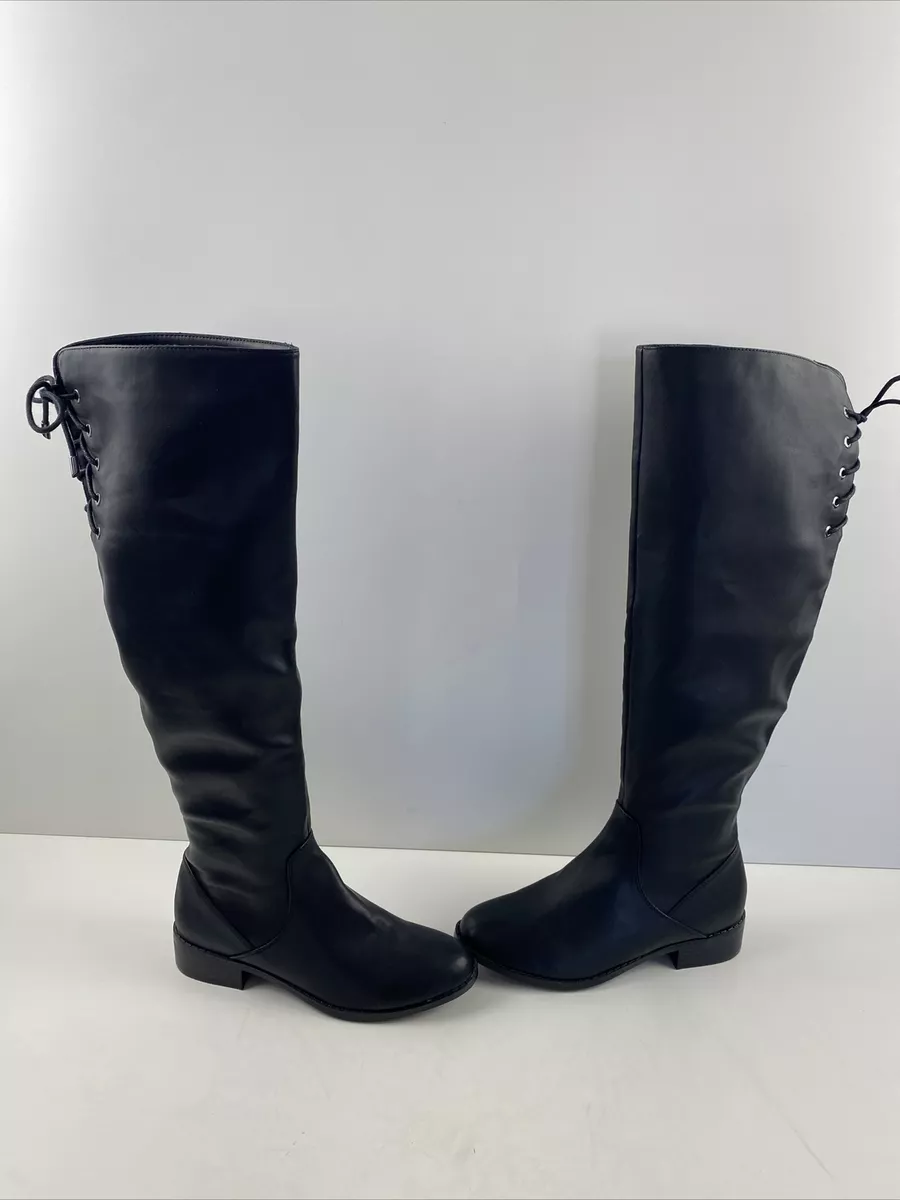 ALDO Black Faux Leather Side Zip Back Tie Knee High Boots Women s
