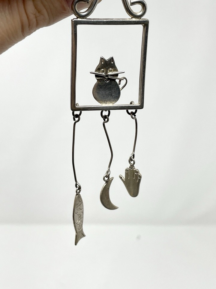 MEXICO 925 Silver Vintage Love Heart Cutout Sitting Cat Square Pendant eBay