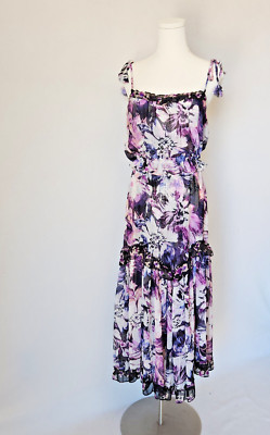 MISA Los Angeles Nati Floral Chiffon Tiered Midi Sun Dress Tie-Strap Purple XS
