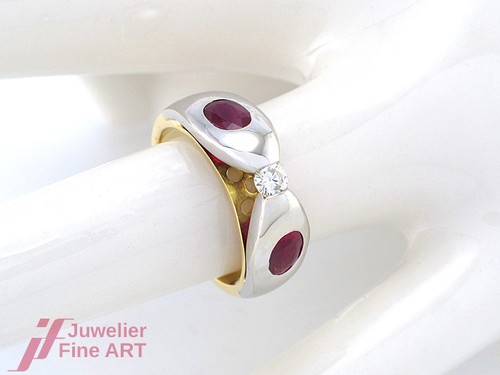 Anello 18K Giallo- & Oro Bianco - 2 Rubini + Brillante Circa 0,13ct W-Si - Tgl - Foto 5 di 5