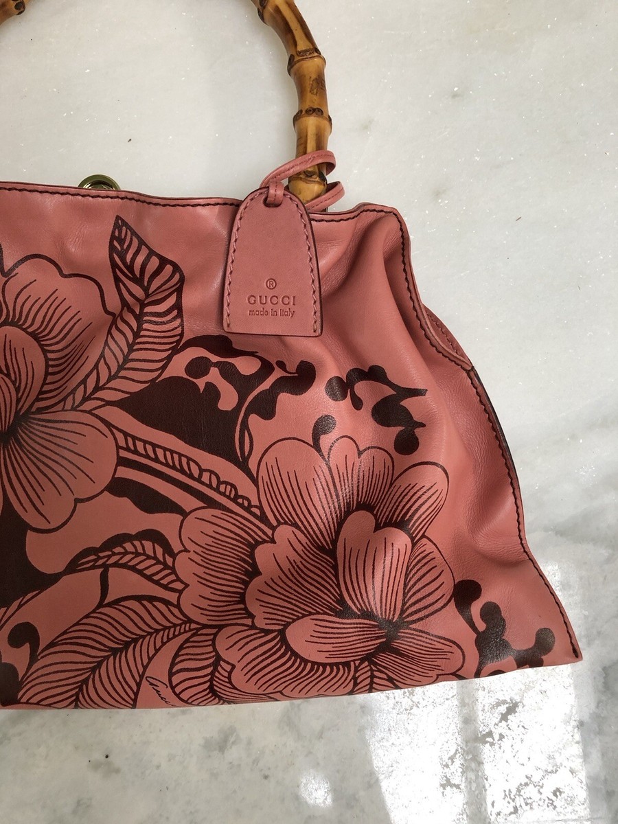 Authentic GUCCI Tom Ford Floral Tattoo Bamboo Coral/Rose Handbag 